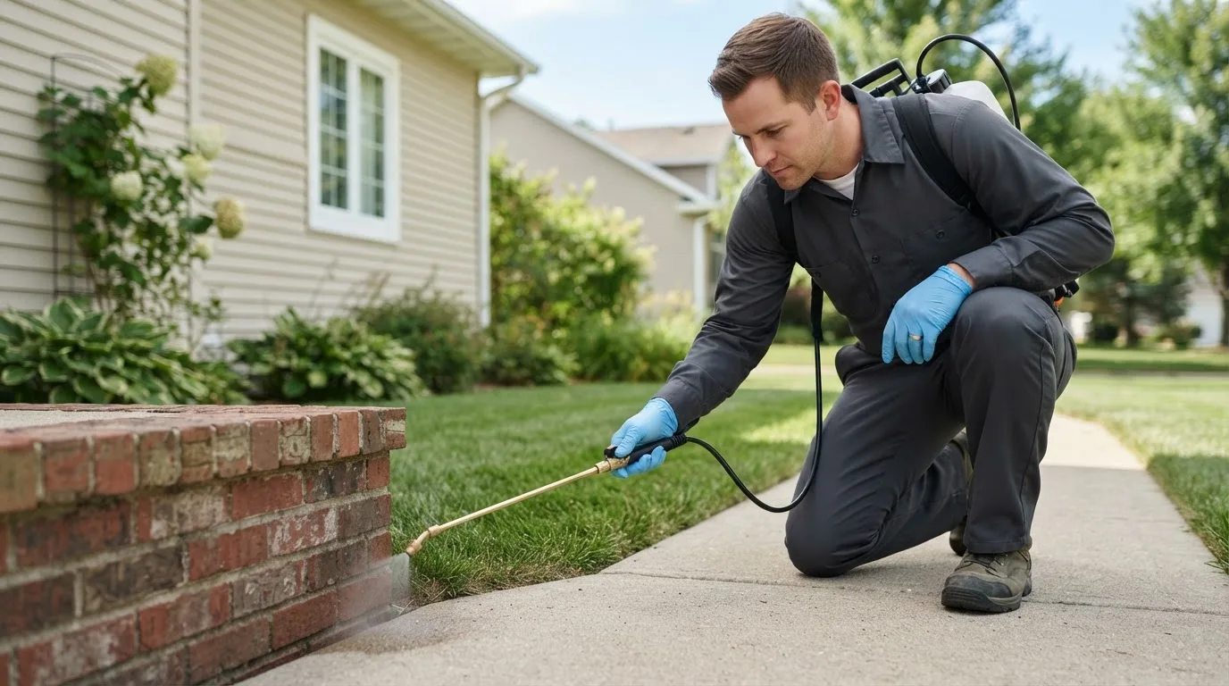 Pest control technician treating a home near Byron, IL