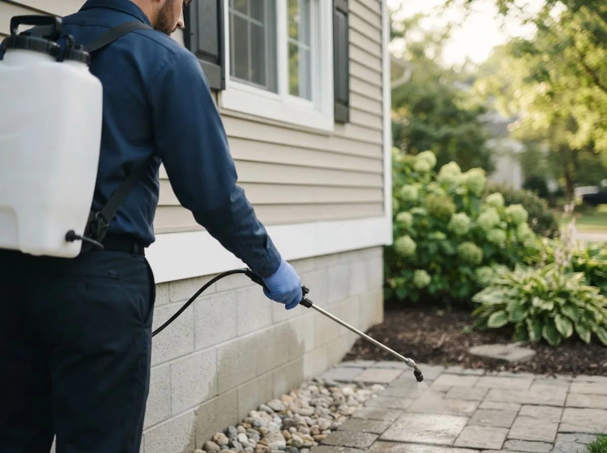 Pest control technician inspecting a home in Byron, IL